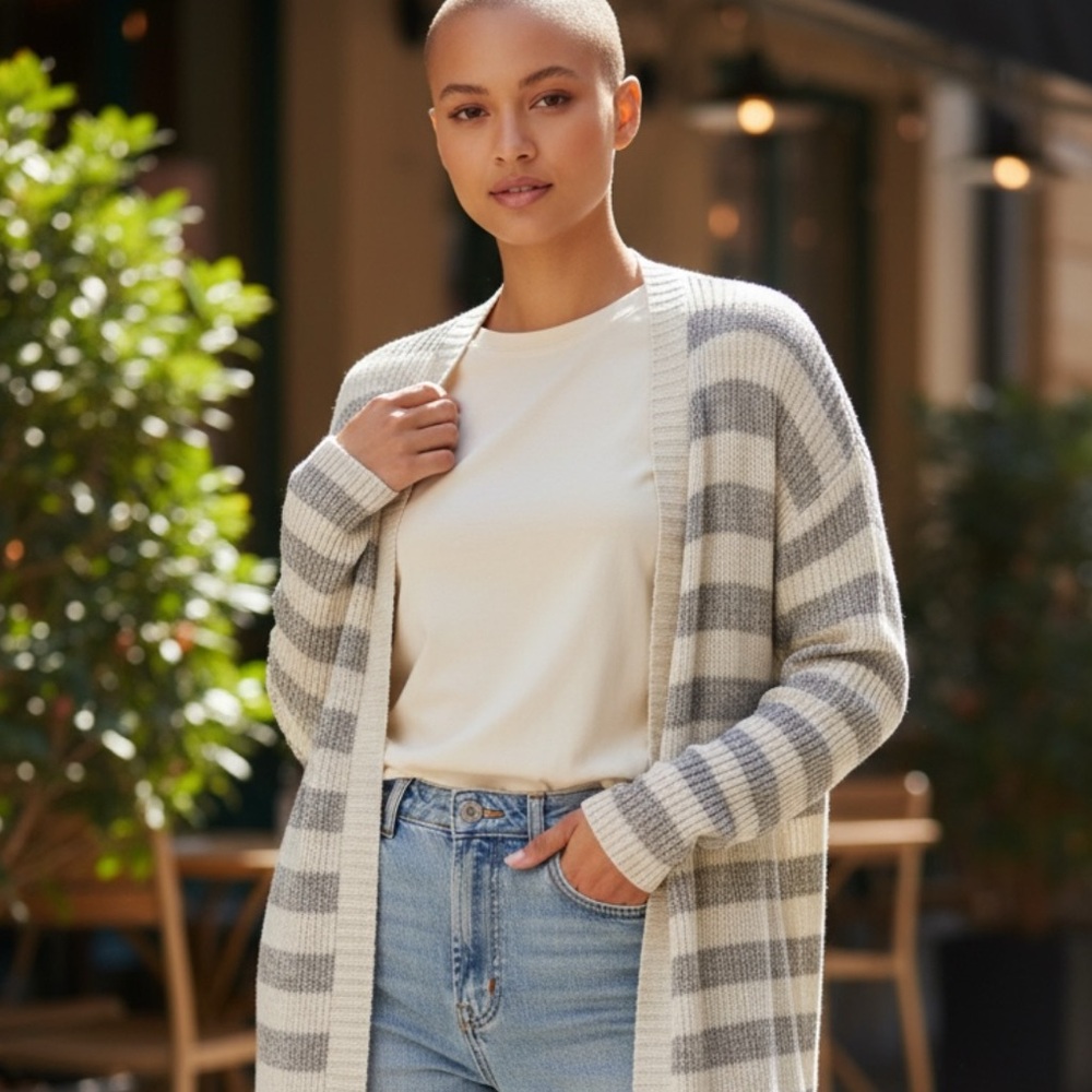 Striped Gray and cream Women's Long cardigan